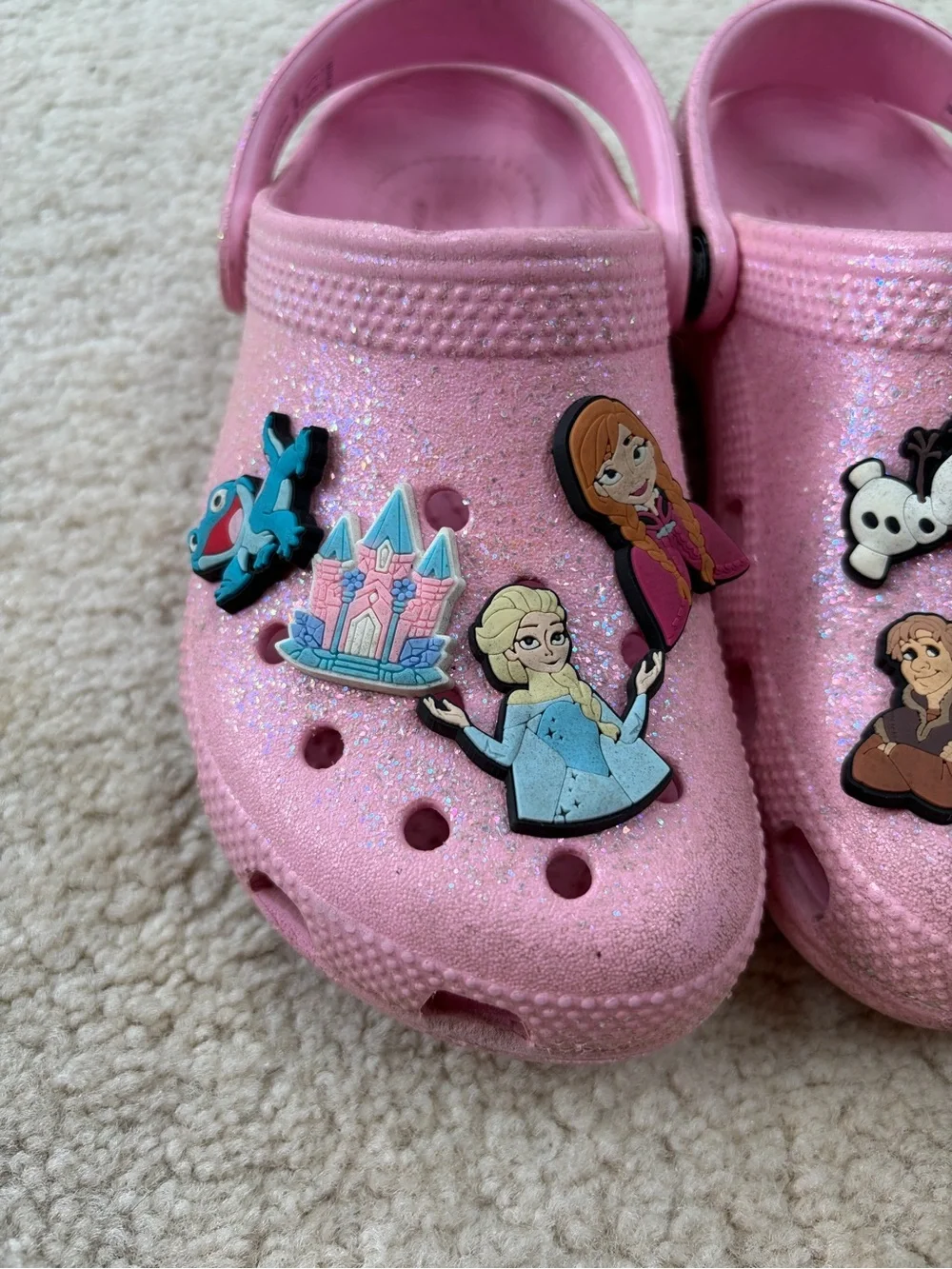 Crocs Little Kid Size 13 Pink Glitter Slip On Clog Sandals with Frozen Jibbitz